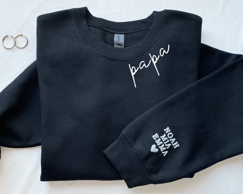 Personalized Papa Sweatshirt with Kid Names on Sleeve Minimalist Neckline Sweater Fathers Day Gift New Dad Gift Birthday Gift