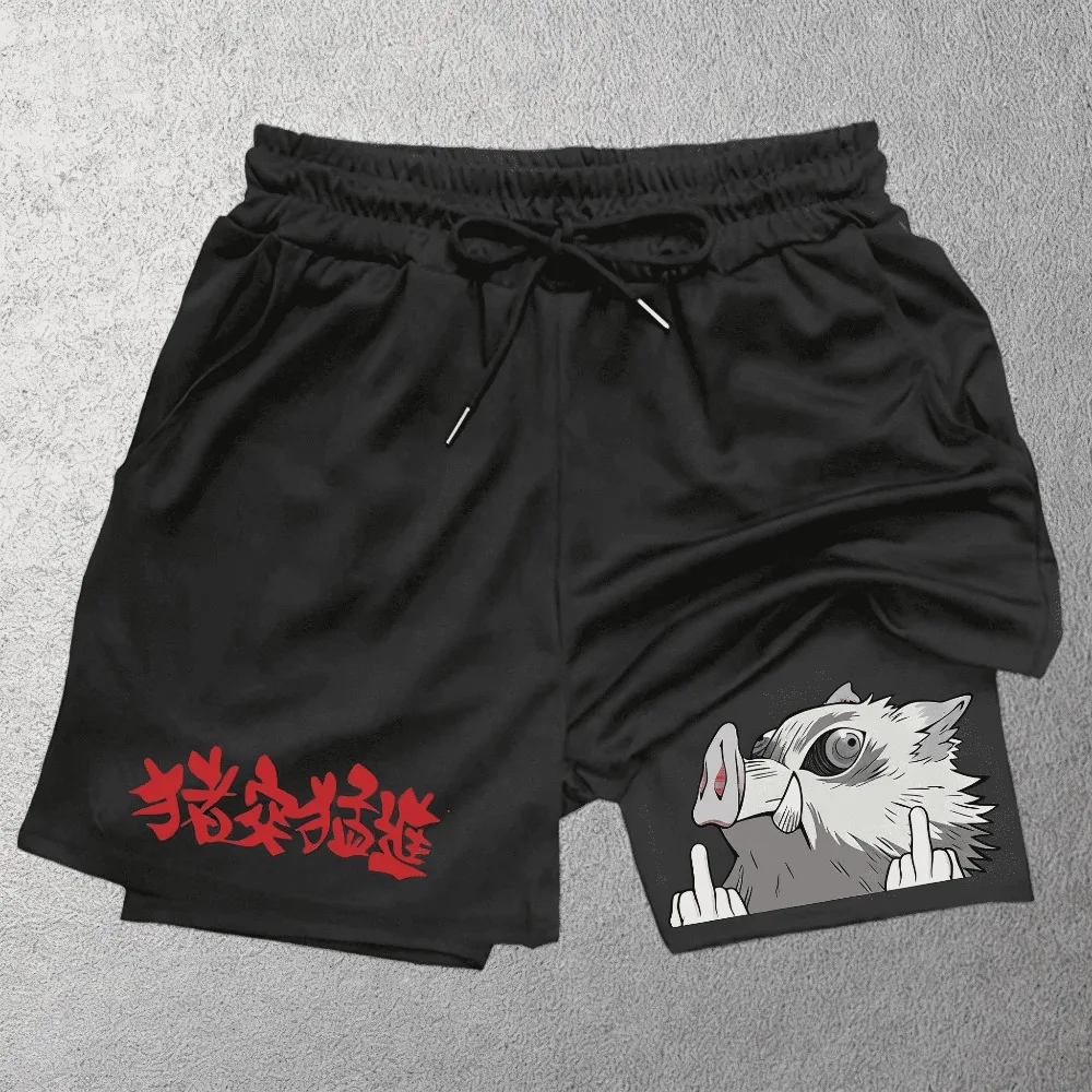 Unisex Demon Slayer Hashibira Inosuke 2026 Sommer Shinjuku Anime Bedruckte, lockere, trendige, schnell trocknende, doppellagige Sportshorts