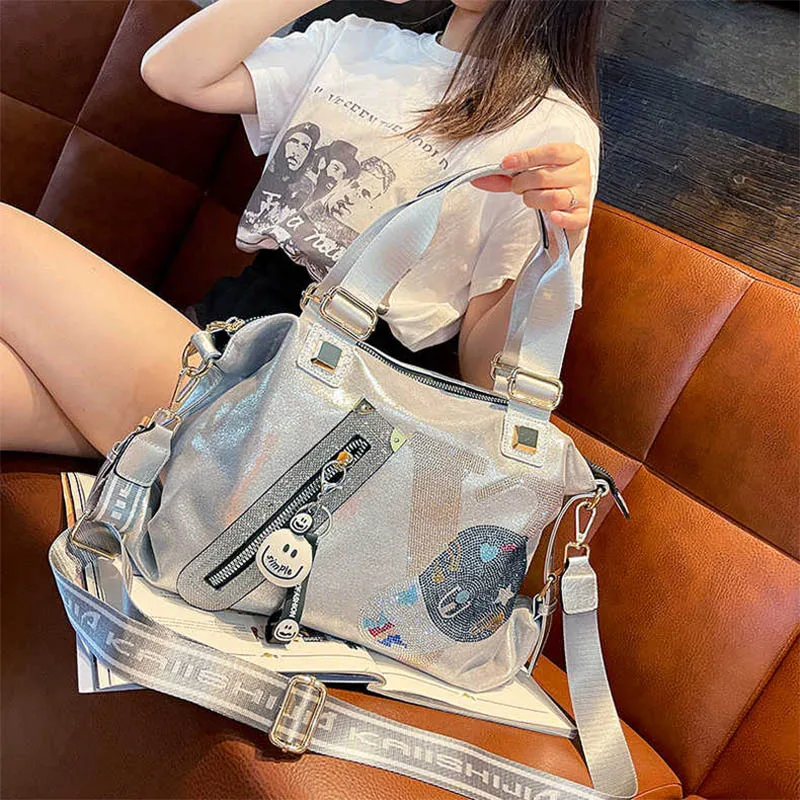 

Artificial Leather Retro Unisex Large Capacity Letter With Diamond Handbag Shoulder Messenger Crossbody Bag Women Purse