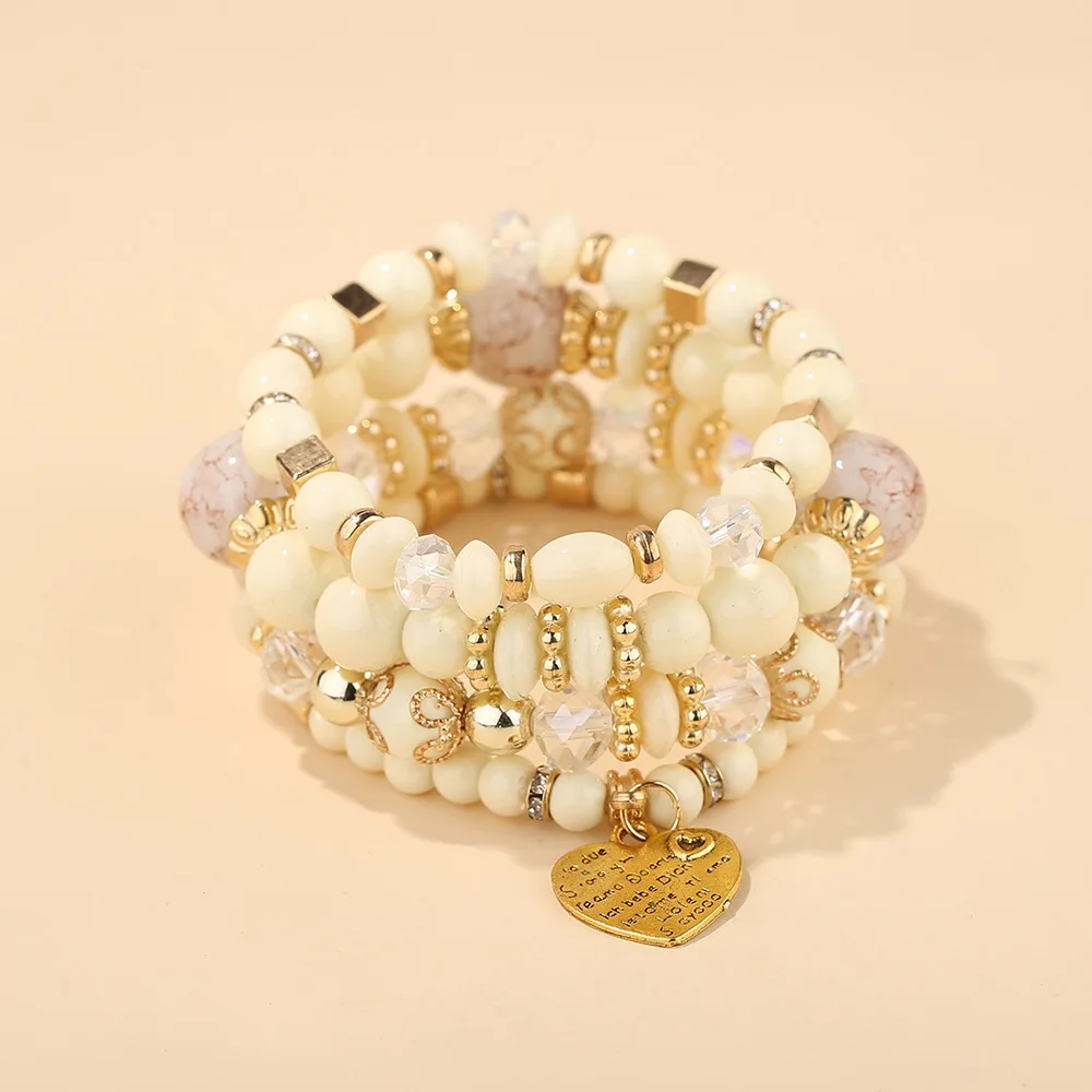 4-teiliges Boho-Armband-Set mit Kristallperlen und Kettendesign für Damen, Vintage-Herzanhänger, elastisches Armband, modischer Party-Schmuck für Frauen – Detail 11