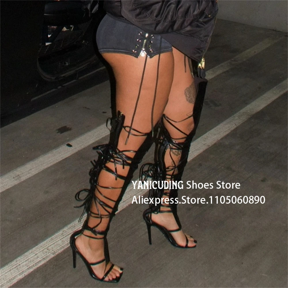 

Сандалии-гладиаторы с ремешками, летние сапоги выше колена на шпильке с квадратным носком, черные, красные туфли из искусственной кожи с ремешками по индивидуальному заказу
