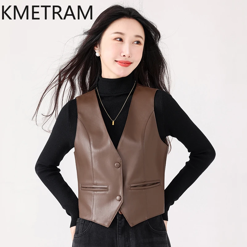 Kmetram echte Schaffell Leder weste für Frauen Frühling Herbst Kleidung vielseitige Tanks 2024 neue Tops Slim Fit Ropa de Mujer