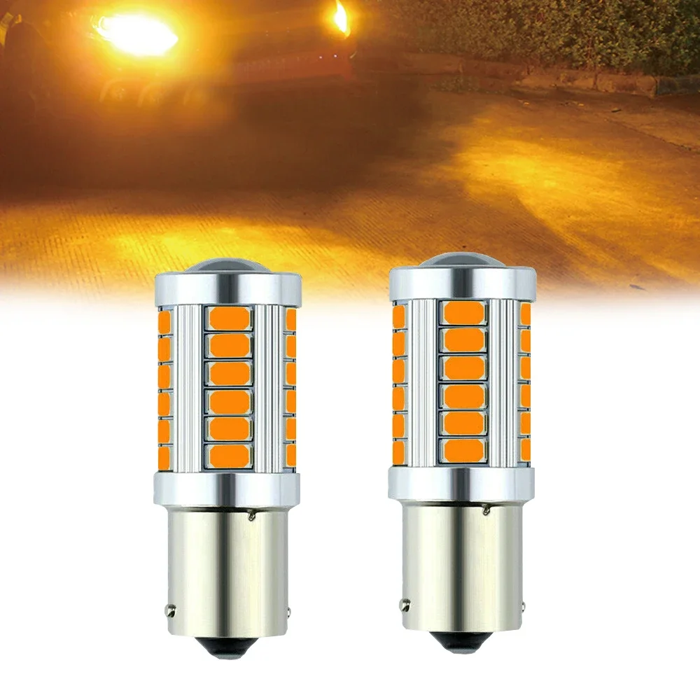 Luces LED de señal de giro para coche, Bombilla trasera de freno de marcha atrás, Canbus sin Error, color amarillo ámbar, 2 piezas, 1156 BAU15S PY21W 33SMD