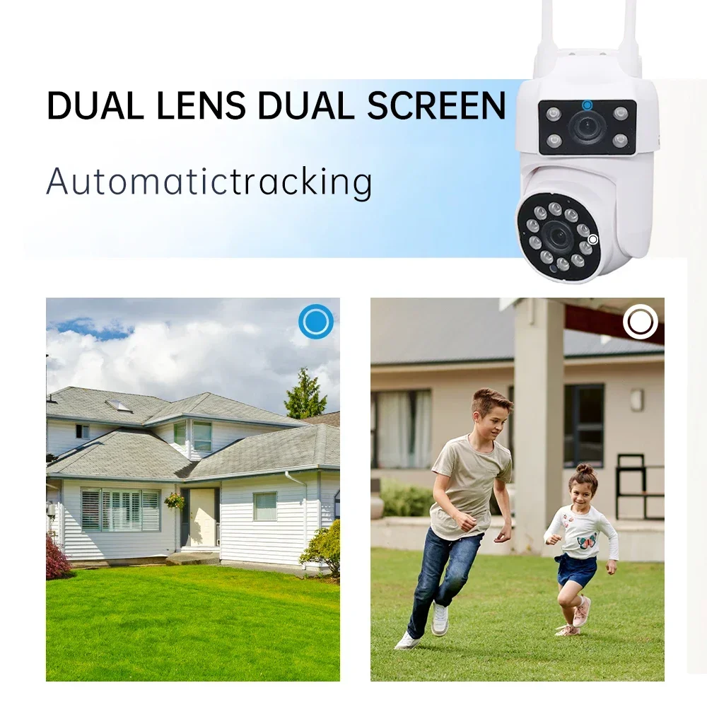 Ai Human Detect การติดตามอัตโนมัติกล้องเฝ้าระวังกลางแจ้งไร้สาย 2MP Dual Lens พร้อมกล้อง PTZ Wifi หน้าจอคู่