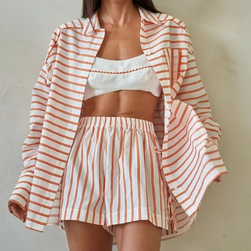 Casual Ladies Nightwear Suit Turn-Down Collar Sleepwear Long Sleeve Pajamas Shorts Striped Home Clothes Female Loose
