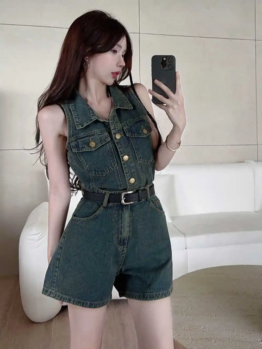 

Vintage Sleeveless Denim Blue Rompers For Women New Summer Off-shoulder Tank-style High-waist Short Jumpsuit Street Y2K Hotsweet