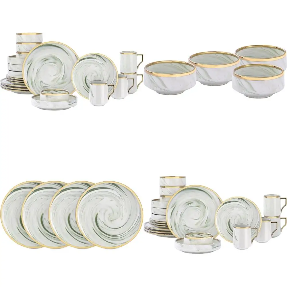 

Набор посуды из 20 предметов с мраморным узором на 4 персоны, можно мыть в посудомоечной машине, зеленый с золотой окантовкой, устойчивый к царапинам