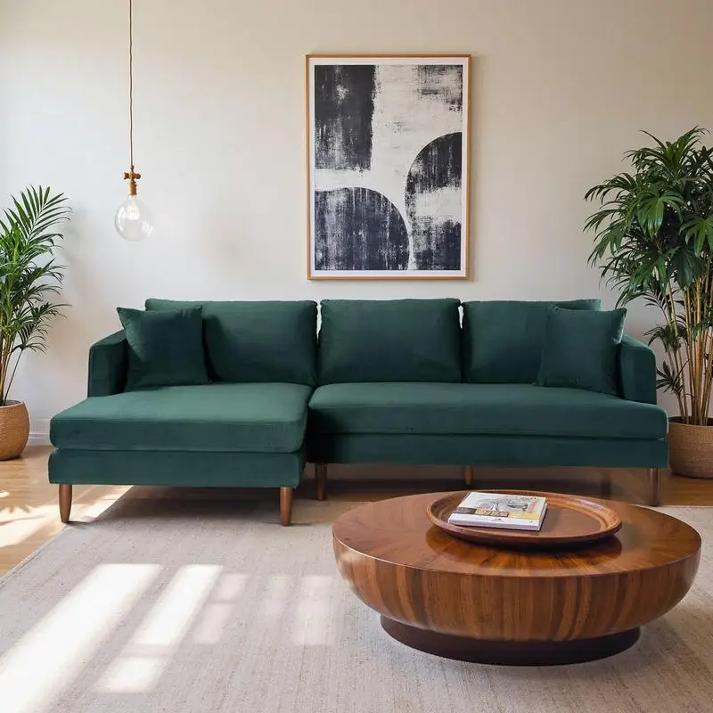 Sofá secional em forma de L de veludo verde escuro, voltado à esquerda