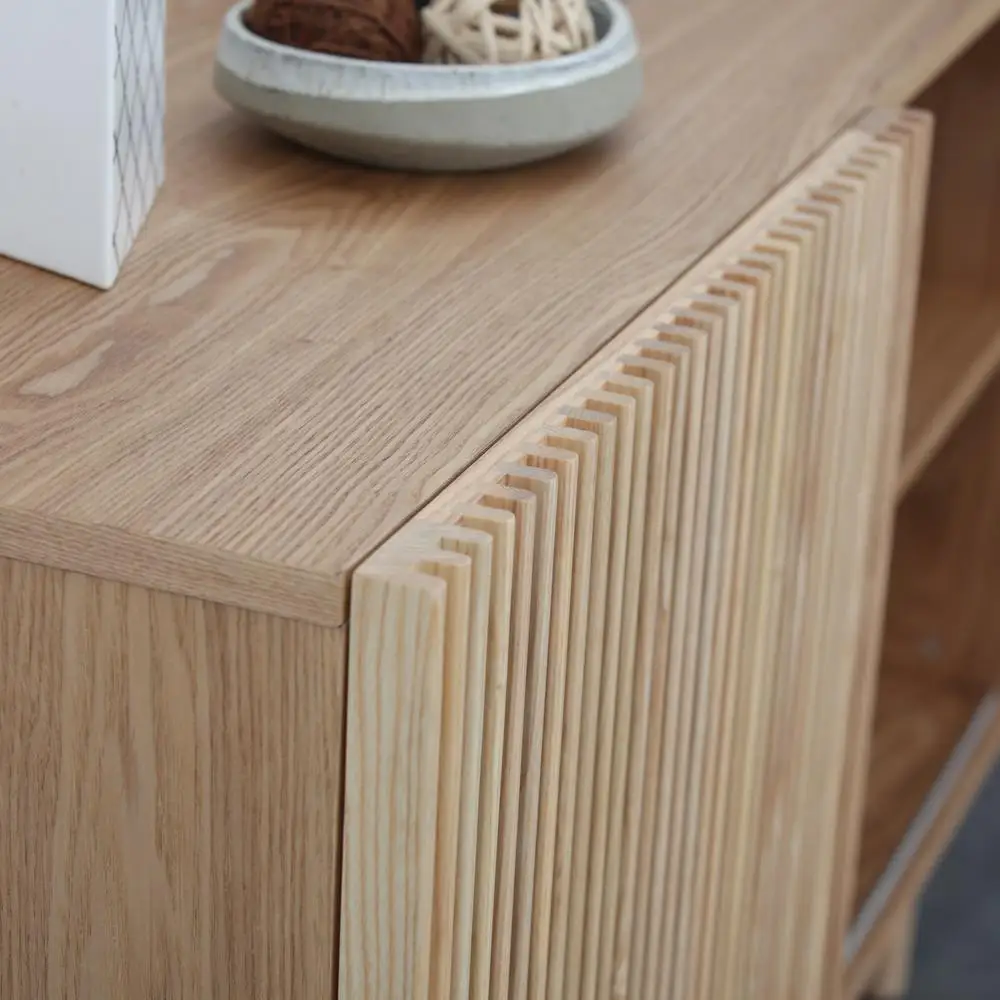 خزانة تخزين جانبية حديثة من خشب الجوز مع حامل تلفزيون بأربعة أبواب، سطح كبير مضاد للتأثيرات #4