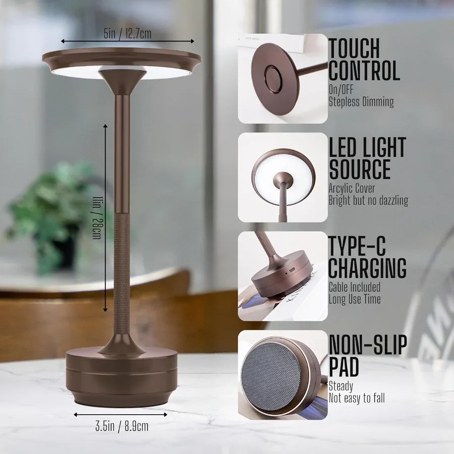 Draadloze oplaadbare aanraaklamp 5000 mAh batterij 20+ uur gebruik USB-C opladen 3 kleur- en helderheidsinstellingen Aluminium tafel La