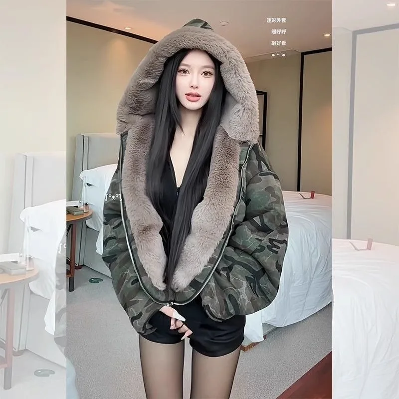 American New Vintage Hooded Camouflage Padded Cotton-padded Jacket Coat Women Y2K Harajuku Hip-hop Popular Casual Joker Coat