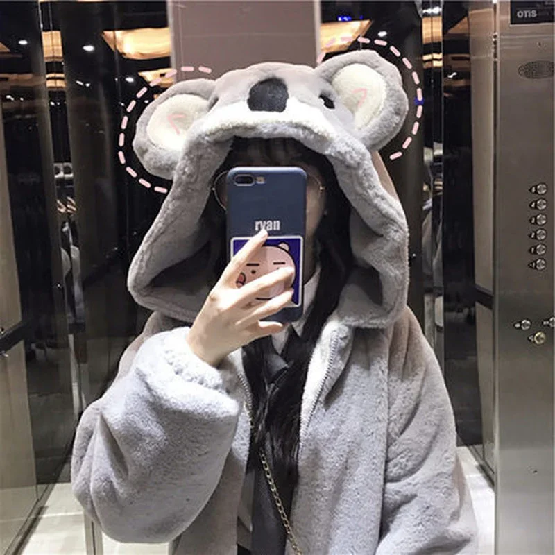 Sweet Koala Coats Autumn Winter Zipper Coat Sweet Hooded Kawaii Harajuku Loose Pocket Hoodies Womens Fleece Flannel Female 2024