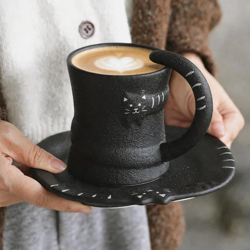 Cute Ceramic Coffee Cup with Plate Set Artistic Handmade Coffee Cups Creative Cartoon Black Matte Mug Luxury Elegant Cups