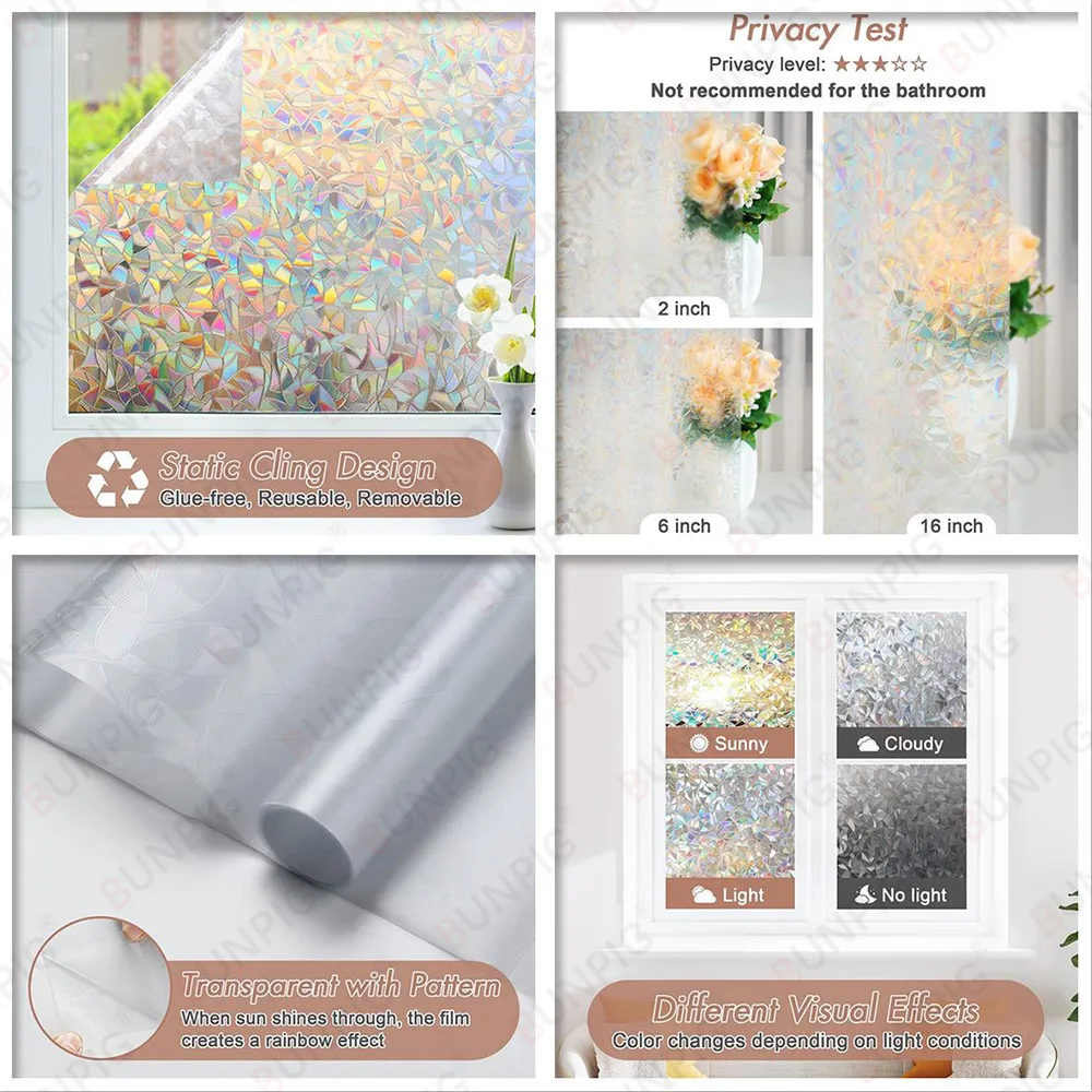 Privacy Window Films No Glue Static Adhesive Glass Film for Decorative Bathroom Living Room Kitchen Rental Apartment Rainbow