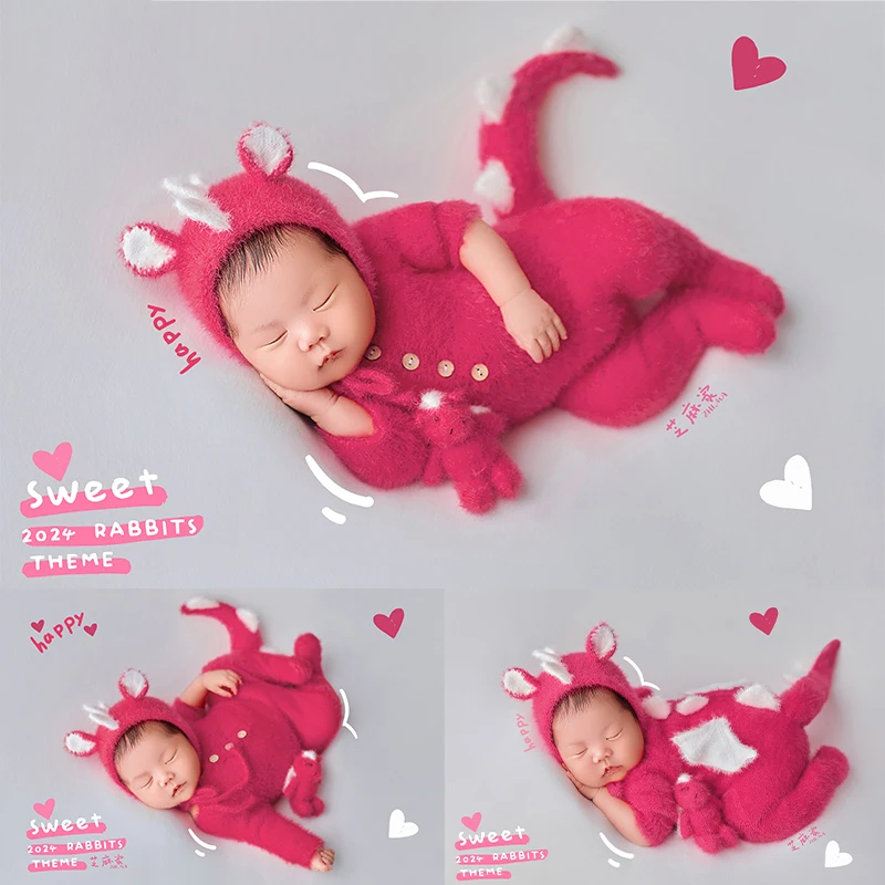 0-1 Months Newborn Photography Clothes Cute Knitted Dinosaur Jumpsuit With Tail Handmade Mohair Doll Studio Babyphotoshoot Props