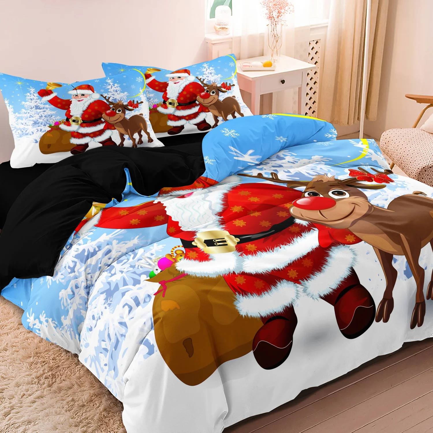 3Pcs Santa Claus Rudolph Reindeer Christmas Duvet Cover Set, Santa Red Nose Reindeer Gift Bag and Snowflake Pattern Bedding