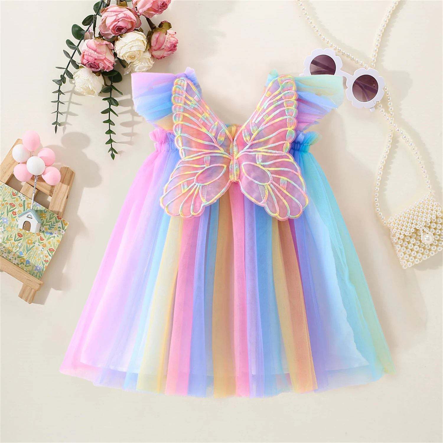 Baby Girls Gradient Rainbow Tulle Sling Dress 3D Butterfly Mesh Vestido Kid Wedding Birthday Party Princess Dresses 1-5Y Infant