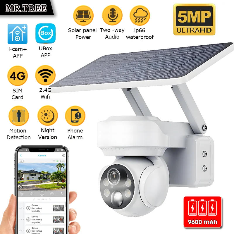

5MP Home Surveillance Solar Cameras Security Wifi CCTV Cam 4G SIM Outdoor Motion Detection PTZ Rotation Two Way Audio IP Cams