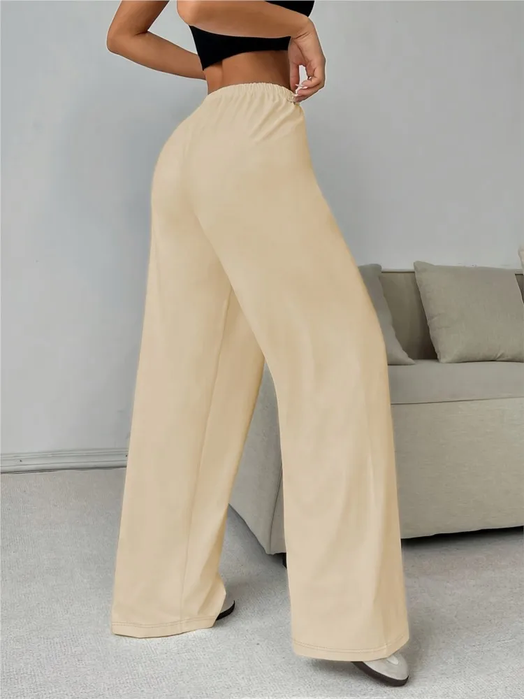 Letnie Proste Spodnie Damskie w Jednolitym Kolorze z Elastyczną Gumką w Pasie i Szerokimi Nogawkami, Lekko Elastyczne, Wygodne, Codzienne Spodnie do Pracy