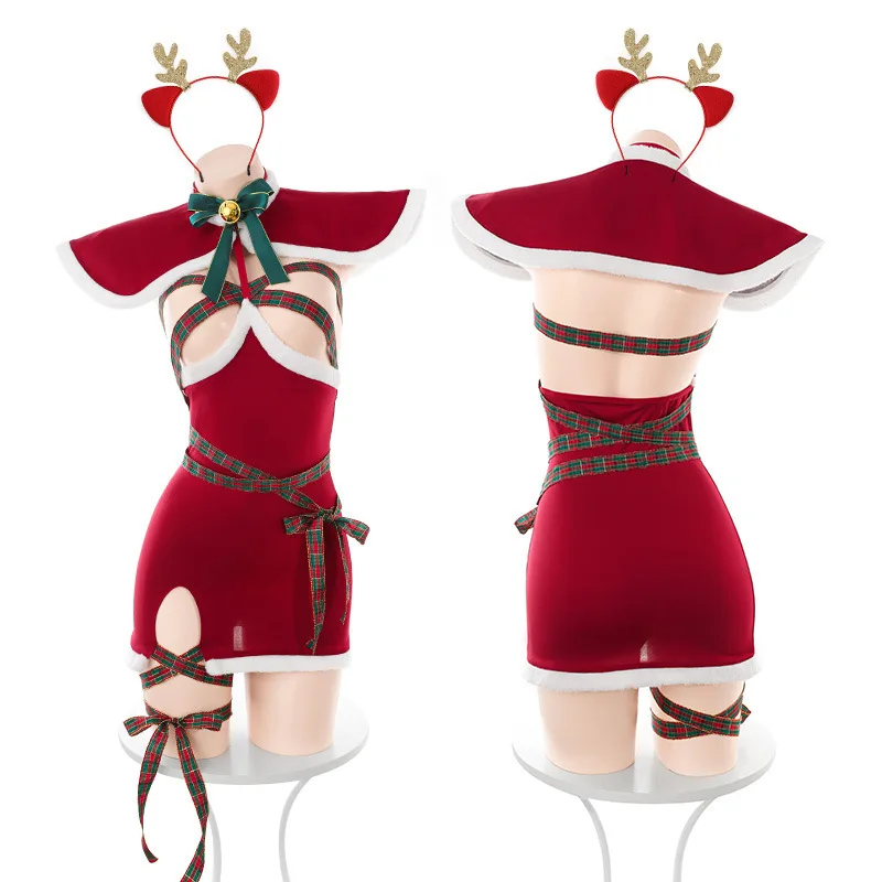 Sexy Christmas Outfits Hollow See Through Uniform Cosplay Costume Women Xmas Santa Claus Dress Red New Year Backless Lingerie