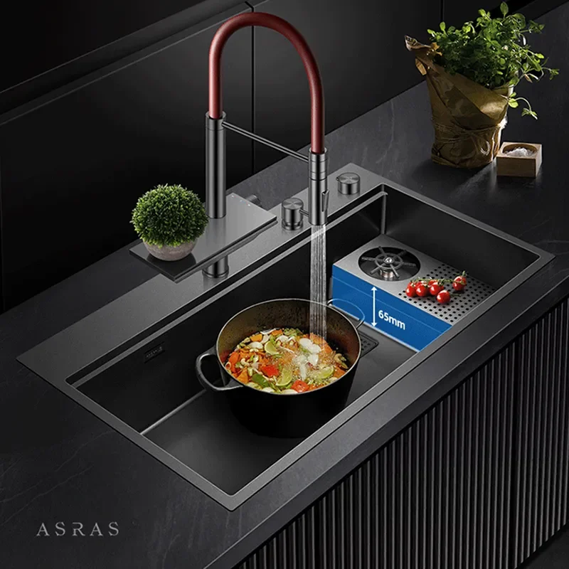 

ASRAS Waterfall Faucet Kitchen Sinks Nanometer Large Size 4mm Panel Handmade Sinks Cup Rinser Kitchen Sinks