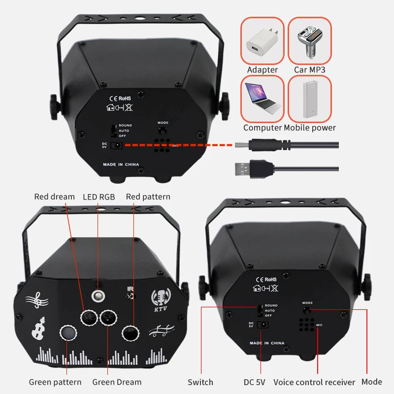 HCWE Factory Source 3 in 1 Mini DJ Beam Lamp Sound Control Strobe Projector for Night Club RGB LED Laser Party Stage Light
