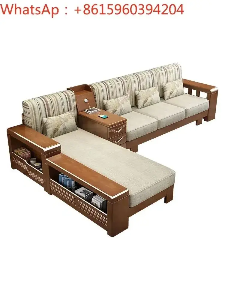 Solid wood sofa All solid wood new Chinese style home living room fabric sofa combination small family economic corner sofa