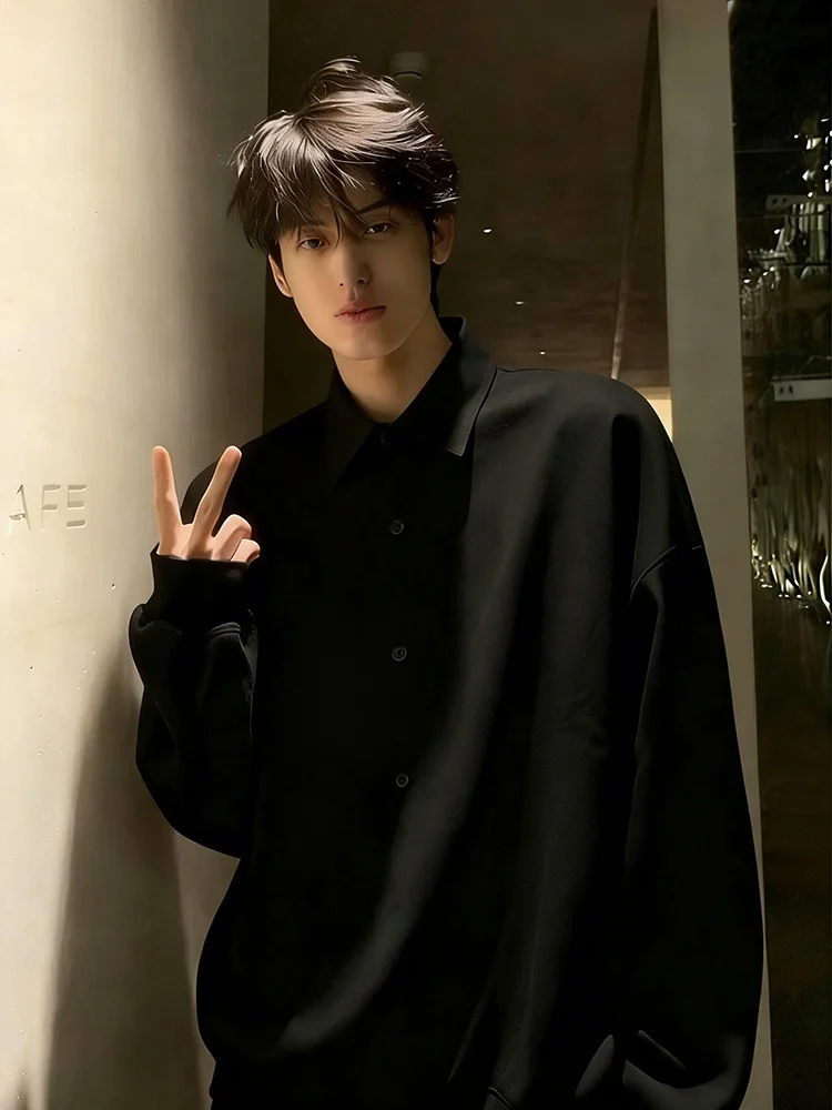 

Neapolitan Bla Long Sve irt Men's High-End Sle Casual Flip-Collar Suit Inner Wear Spring Autumn Seasonal DK Jaet