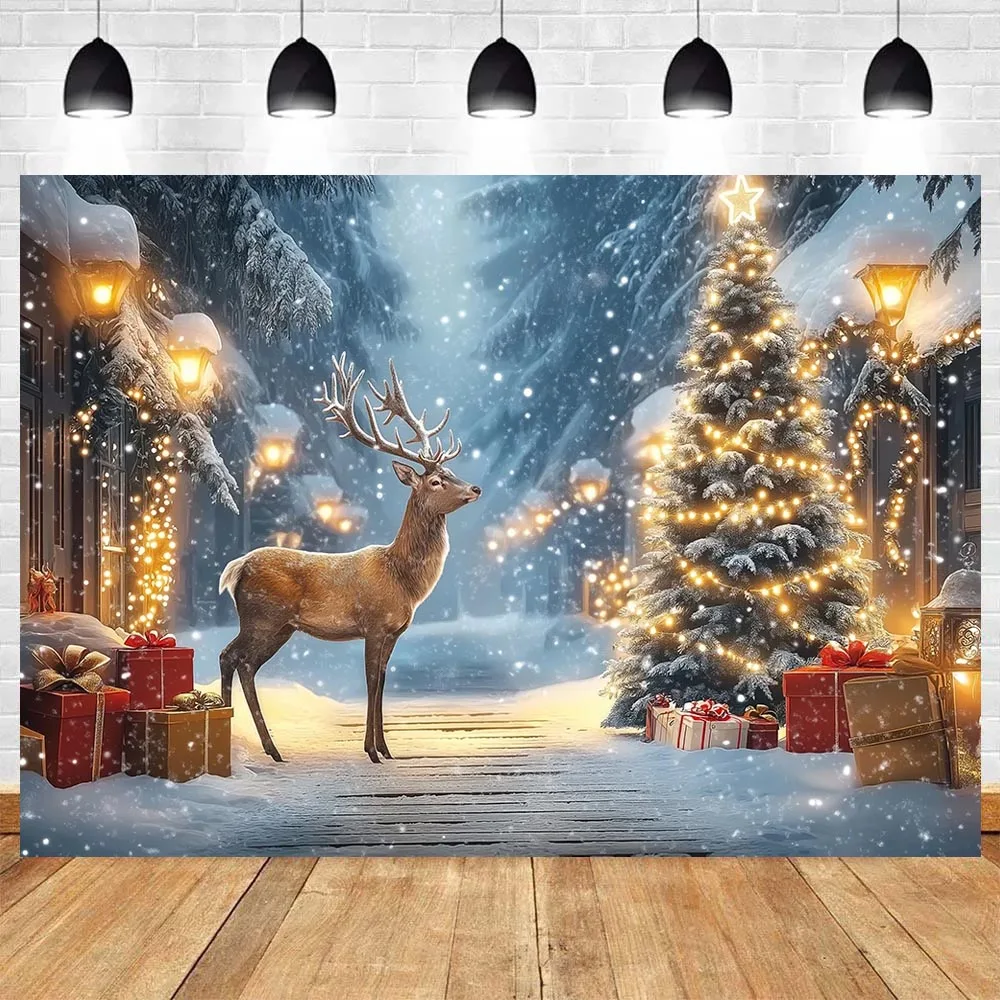 

Christmas Reindeer Presents Trees Backdrops White Wooden Door Entrance Cottage Snowy Streets Kids Adult Photography Backgrounds