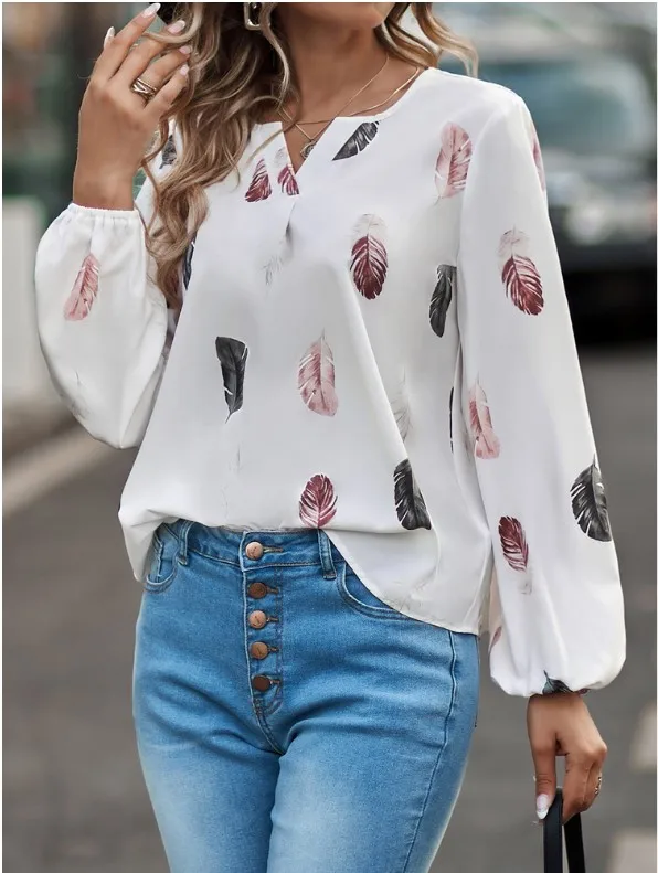 Plus Size Woman Blouse Shirts For Women Stylish Top long Sleeve Feather Pattern Female Tops Elegant Chiffon Mujer Woman Clothes image 4