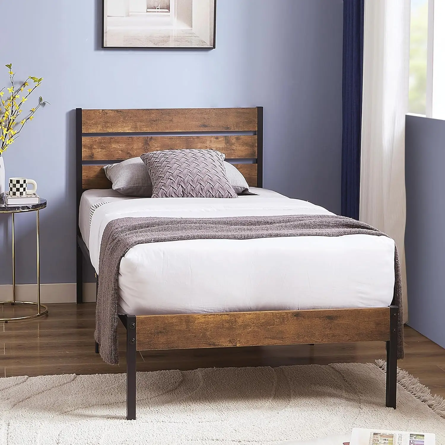 

Twin Bed Frame with Wood Rustic Headboard, Easy Assembly Strong Metal Slats Support, No Box Spring Needed
