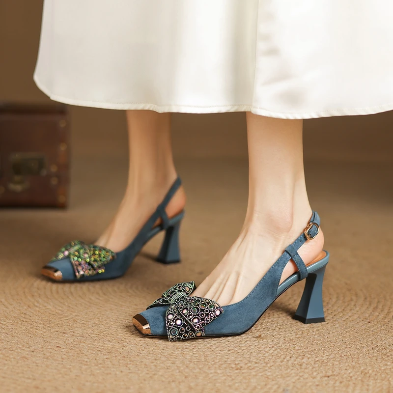 

Women's new summer metal square head genuine leather sheep suede colored bow elastic high heels with toe cover fashion sandals