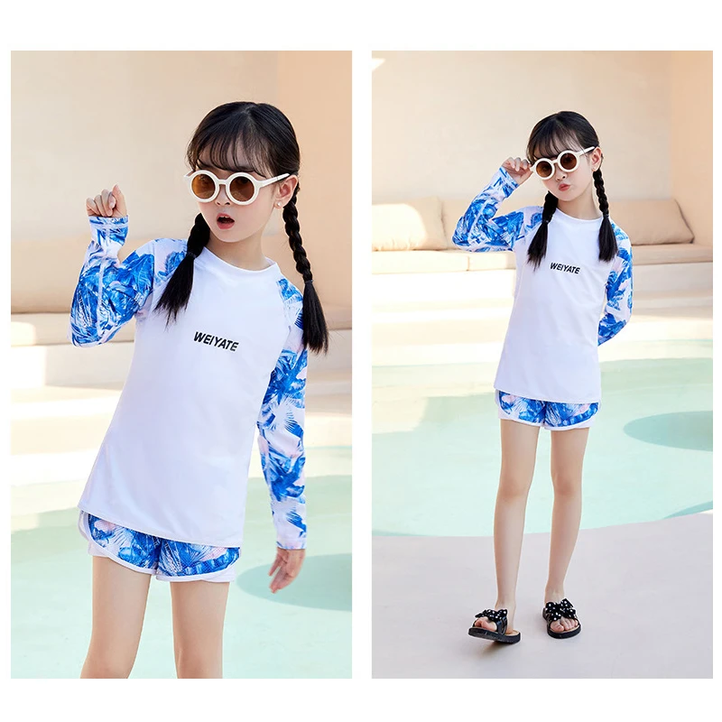 

Swimsuit Two Piece Rash Guard Set for Sun UV Protective Long Sleeve Swimming Shirt+Boyshorts Swimwear Bathing Suits Beachwear