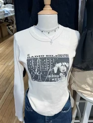 Rockowe dziewczęce z nadrukiem koszulki z długim rękawem jesienne gofry z okrągłym dekoltem koszulki bawełniane ubrania Femme Y2k Streetwear w stylu Vintage Slim T Shirt topy