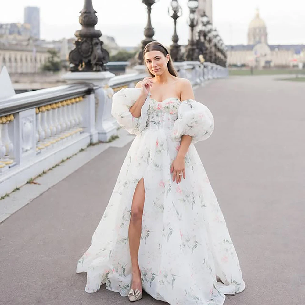 Floral Print Removable Puffy Sleeves Wedding Dress Sweetheart Big Size Customized High Slit Full Length Colorful Bridal Gowns