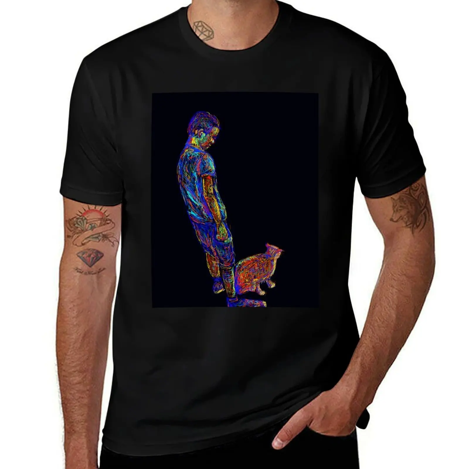 

The boy and the ginger cat at night T-Shirt customs funny costumes Luxury man tshirts for men