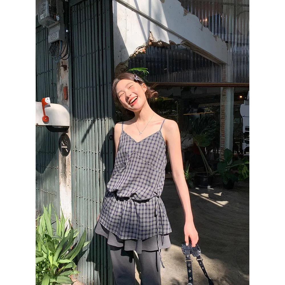 

Женский жилет Hello в клетку с длинным ремешком, лето 2023, новый повседневный топ маленького размера с поясом на талии и галстуком Bal, дизайн из кожи