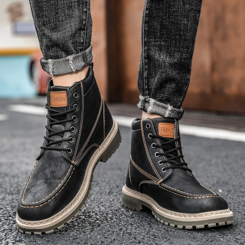 

Leather Men Winter Boots Handmade Retro Men's High Top Boot Warm Chunky Boots Men Winter Warm Shoes Ankle Boot Man Shoes