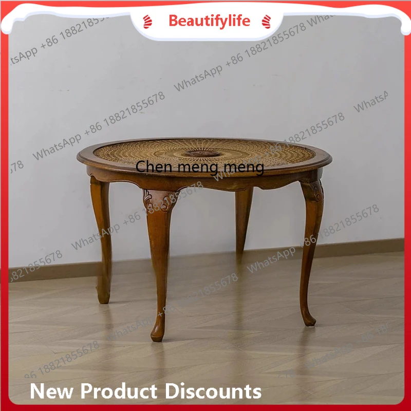

Medieval solid wood rattan coffee table retro tea table Nanfa living room hotel old glass coffee table H