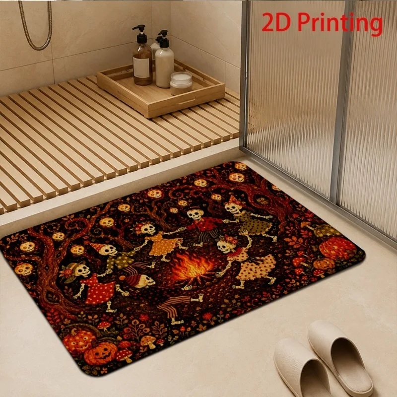 Newest Retro Dancing Skeleton Tree Pumpkin Print Halloween Doormat Non Slip Washable Indoor Bathroom Floor Mat