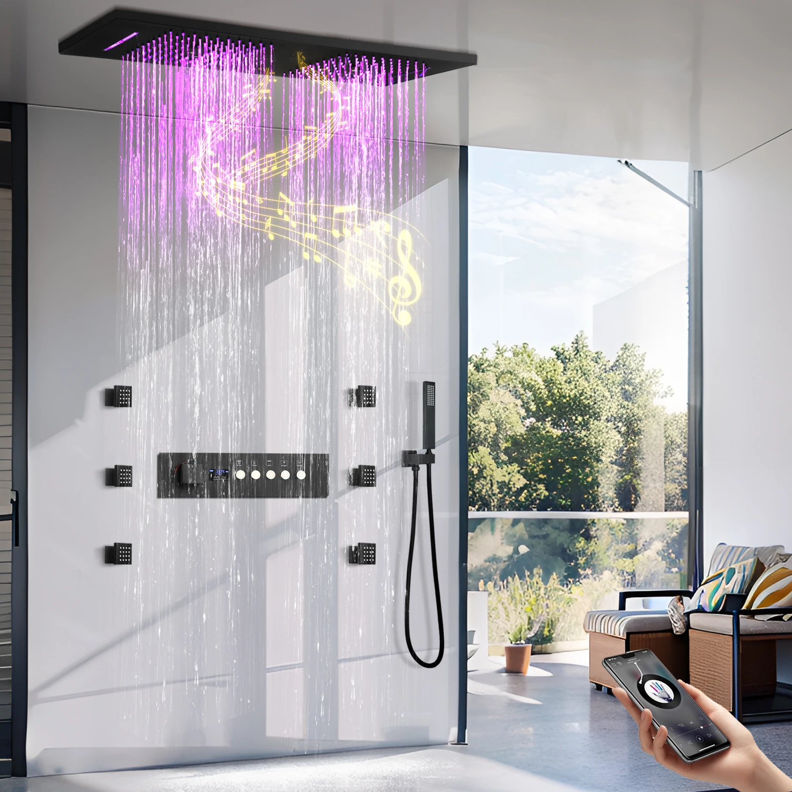 スマート天井取り付け型36×12インチ音楽LEDシャワーヘッ - Shower Head Rain のレビューと価格