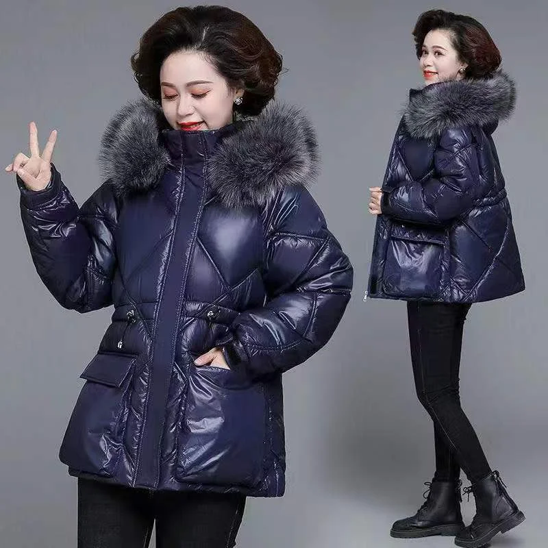 Middle-aged Elderly Women's Cotton-padded Coat With Big Fur Collar Down Cotton-padded Coat Short  Winter Coat Thickened Warm Top