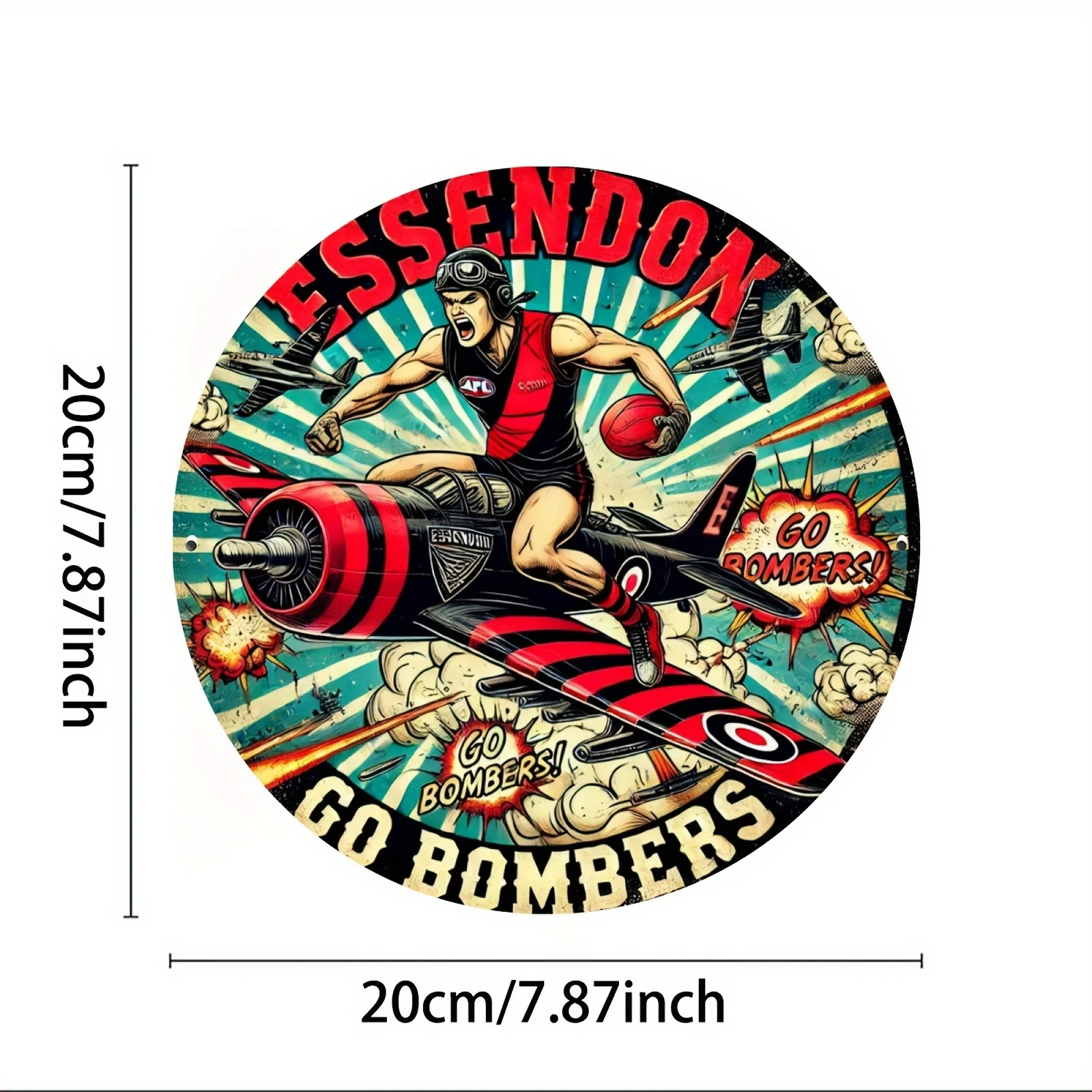 قطعة واحدة من علامة Essendon Bombers المعدنية المستديرة - لوحة فنية جدارية من الألومنيوم على الطراز العتيق تتميز بمشغل كرة القدم الديناميكي وتصميم الطائرة #2