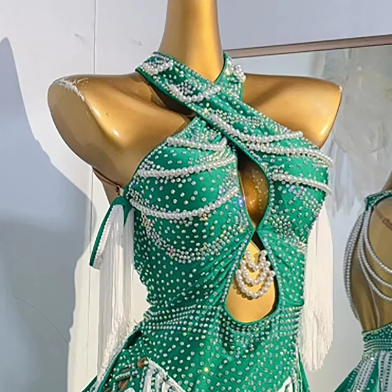 فستان نسائي لمسابقات الرقص اللاتيني الراقية مخصص بسلسلة من اللؤلؤ بلونين شرابة تشا سامبا أداء حجر الراين