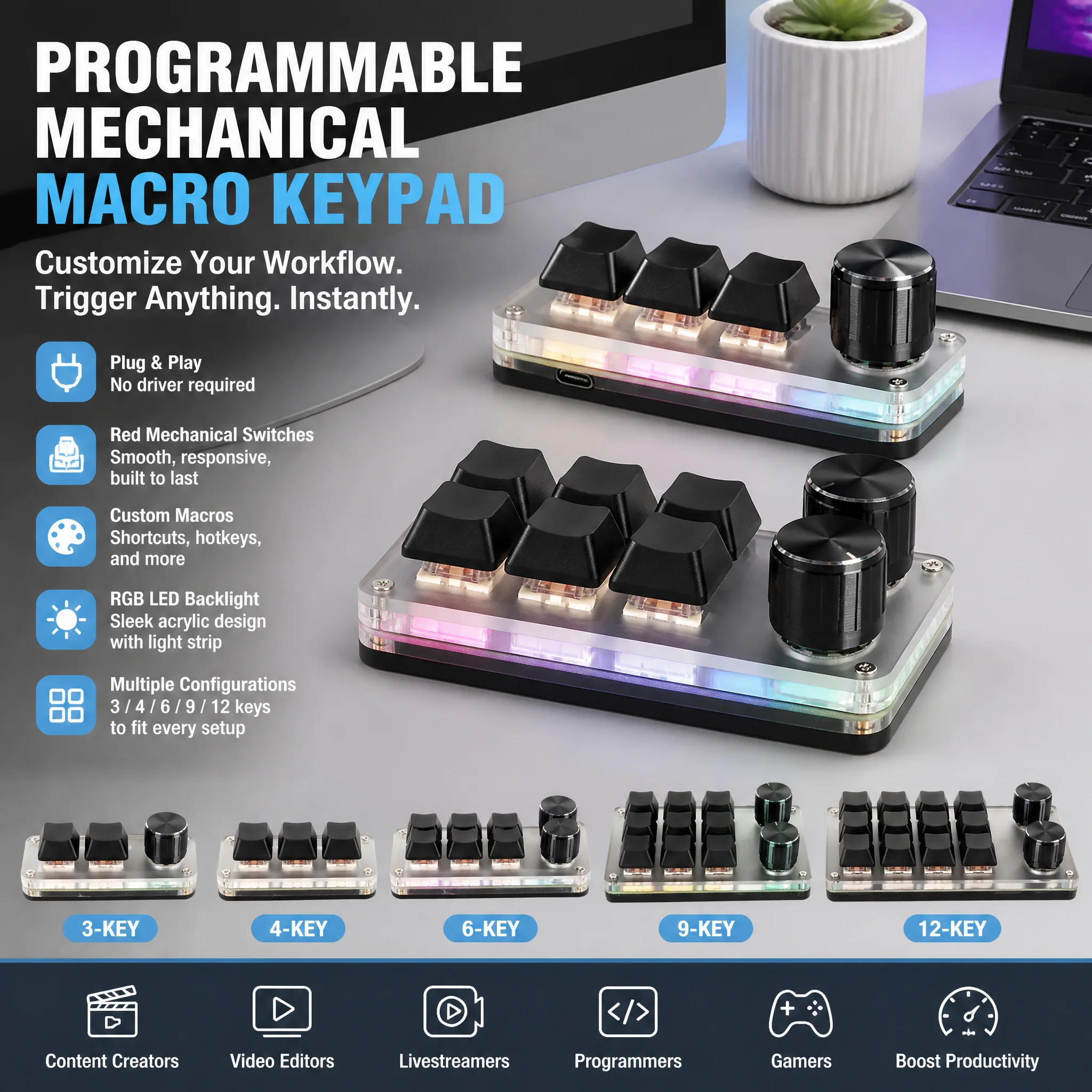 Red Switch Macro Keyboard Plug and Play Customized Knobs USB Mini Keypad For Desktop PC For Windows For Vista For Linux For OS X