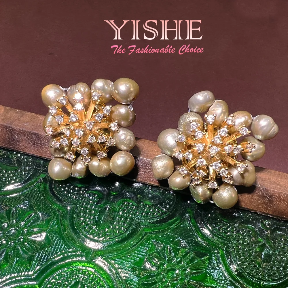 French natural pearl stud earrings vintage niche high-end handmade light luxury plated real gold versatile high earrings