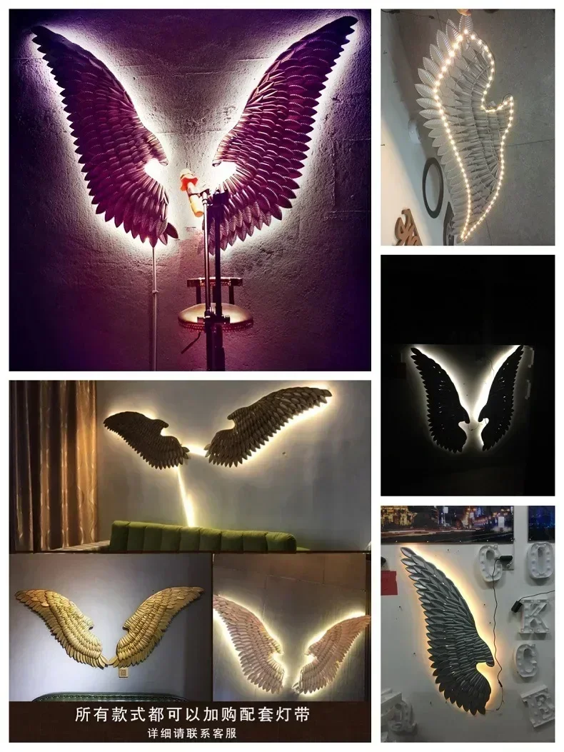 Large Ancient Iron Wall Decoration Angel Wings with LED Creative Retro Wings Bar Cafe Wall Decor Iron Home Decor Accessories