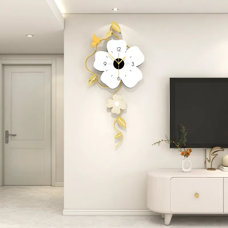 Silent Wall Clock Cream Style Flower Decor for Living Room Dining Room Home Decoration No Drilling Required Modern Household