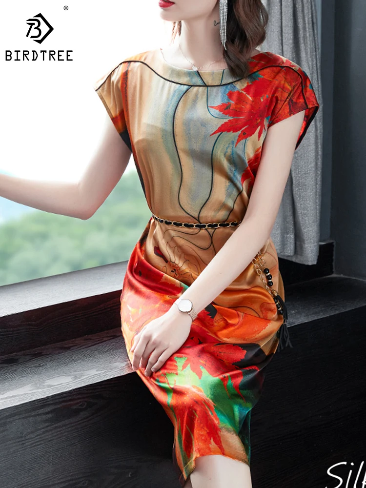 BirdTree 90%Real Silk Dresses Women,Round Neck Short Sleeves Floral Print,Slim Elegant A-line Dress,2024 Spring New D42272QD