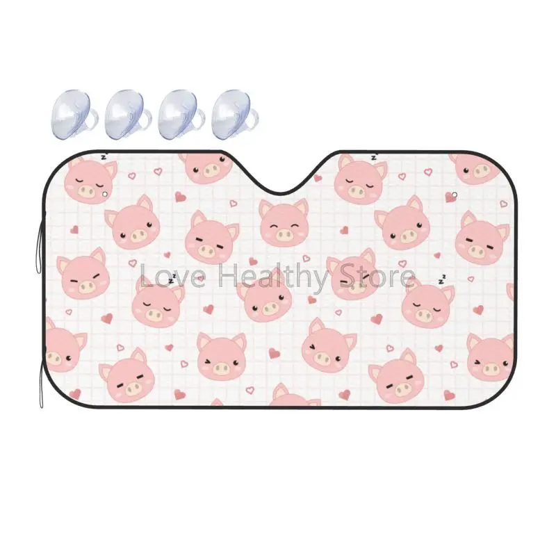

Cute Pigs with Grid and Heart Print Windshield Sun Shade Car Front Window Sunshade Foldable Sun Visor Protector Blocks UV Rays